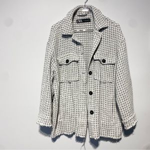 Zara Oversized Textured Shirt Jacket / Black & White / S